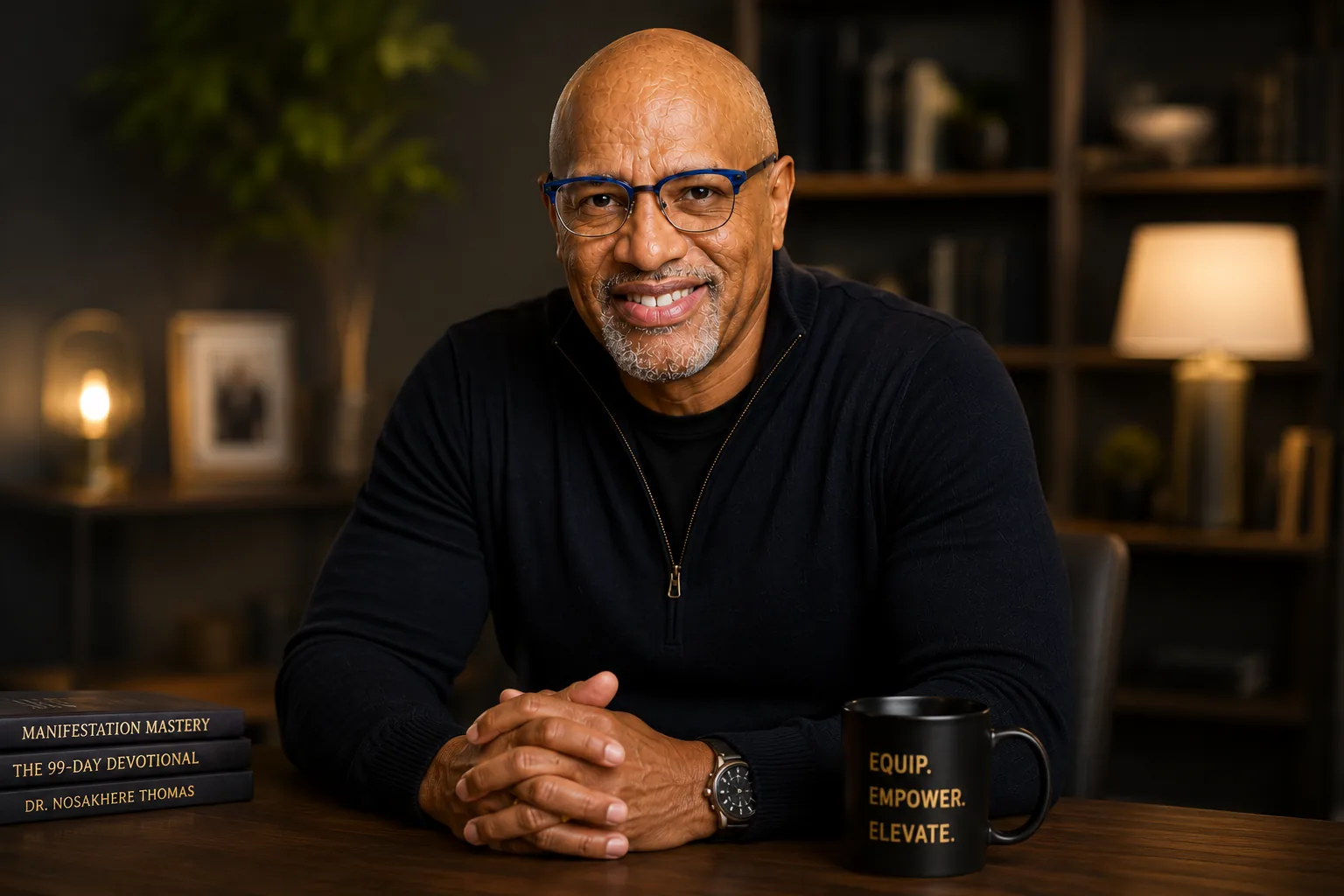 Dr. Nos seated at his desk in a relaxed coaching setting